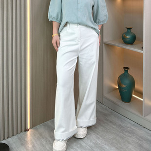 胖mm宽松显瘦直筒裤 设计感翻边白色阔腿牛仔裤 大码 新款 女2026春季