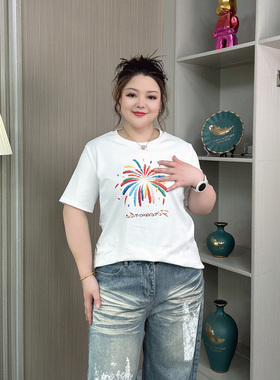 白色短袖t恤女士夏季新款大码胖mm减龄时尚宽松纯棉正肩半袖上衣