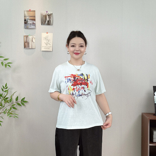 大码夏季涂鸦印花短袖T恤女上衣