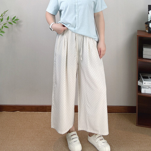 高腰波点阔腿裤女大码休闲八分裤