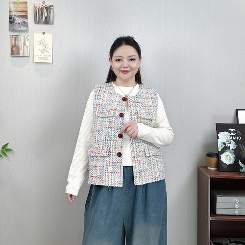 小香风粗针马甲女秋大码休闲马夹