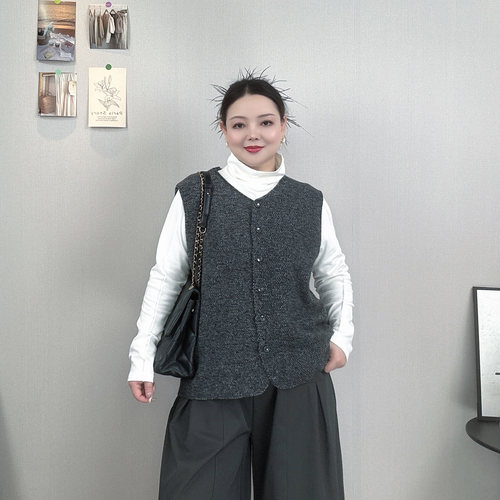 针织马甲女秋装大码韩系V领开衫