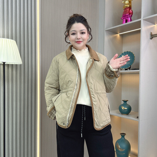 抽绳计感棉袄上衣 仿兔绒毛格纹撞色夹棉棉服外套女秋冬季 大码 女装