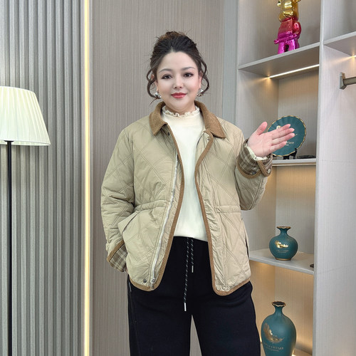 大码女装仿兔绒毛格纹夹棉棉服女