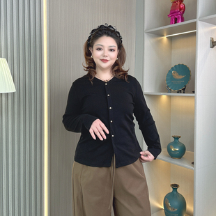新款 秋装 女装 上衣 V领钉扣长袖 T恤宽松显瘦胖mm收腰打底衫 韩版 大码