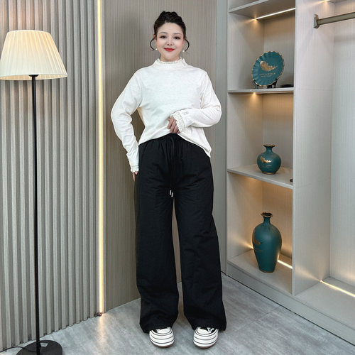 大码冬季保暖直筒阔腿束脚棉裤女