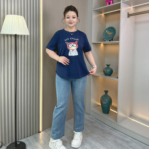 大码印花短袖T恤女休闲正肩上衣