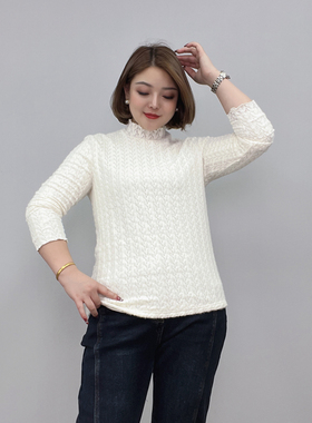 秋冬加绒蕾丝衫上衣女2025新款大码女装胖mm显瘦保暖半高领打底衫