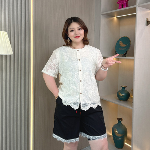 大码女装夏新款蕾丝提花短袖上衣
