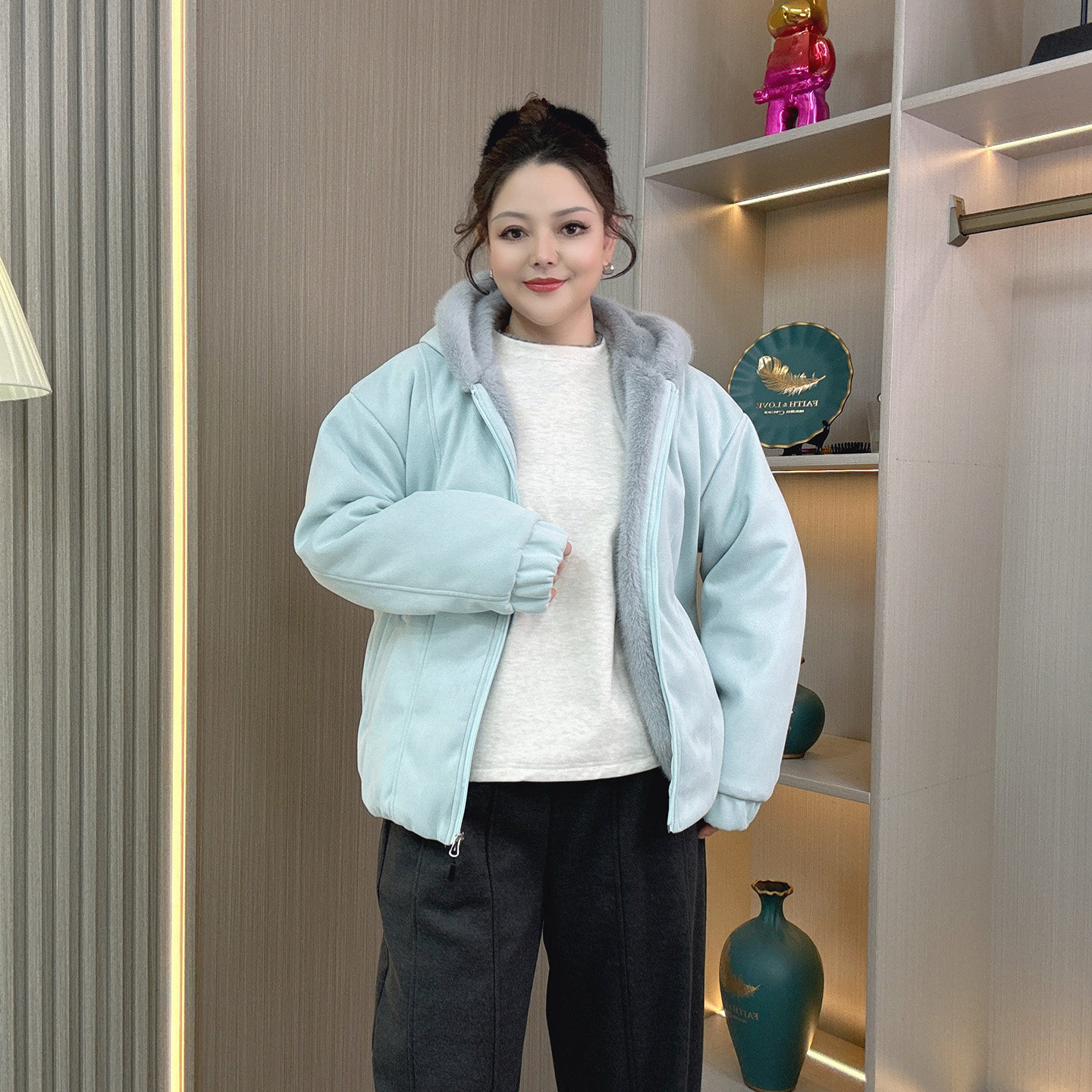 美式座山雕麂皮绒棉衣外套女大码