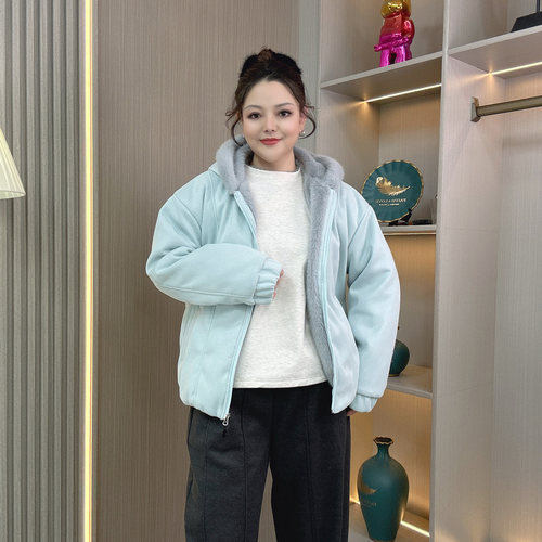 美式座山雕麂皮绒棉衣外套女大码