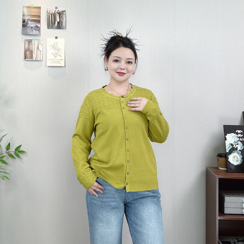 大码花边圆领长袖针织开衫女外套