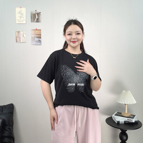大码蝴蝶印花短袖T恤女夏季上衣