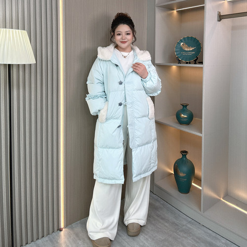 加肥加大码白鸭绒中长款羽绒服冬
