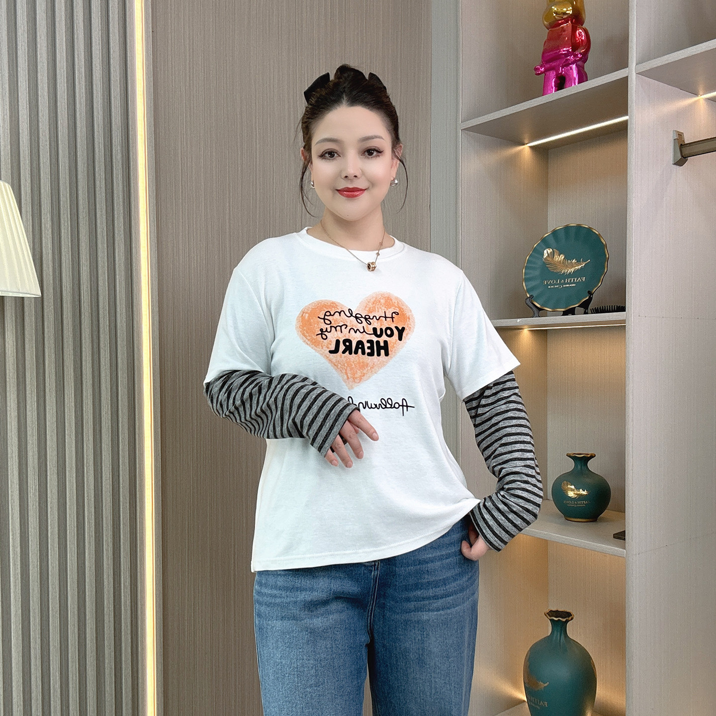 大码胖mm假两件条纹长袖T恤女2026春季新款时尚百搭爱心印花上衣,女装/女士精品,大码内搭,淘宝优惠券,粉丝福利购,淘宝优惠卷