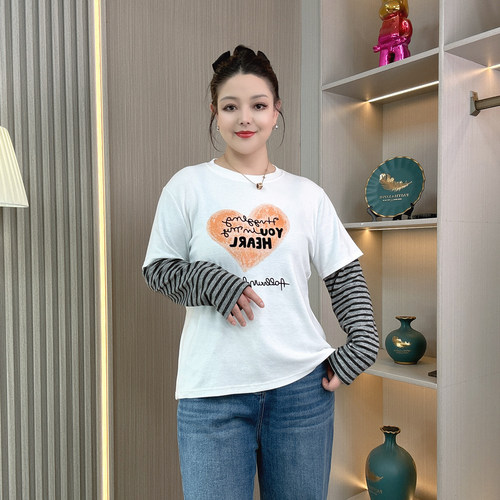 大码胖mm假两件条纹长袖T恤女装