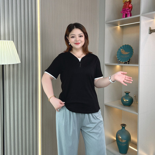 大码女装胖mm假两件撞色短袖上衣