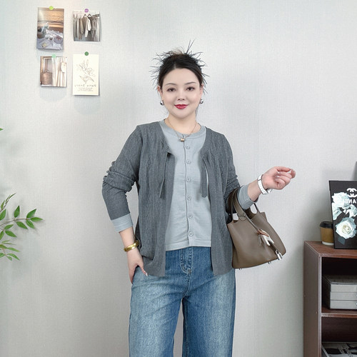假两件撞色拼接针织衫开衫女上衣