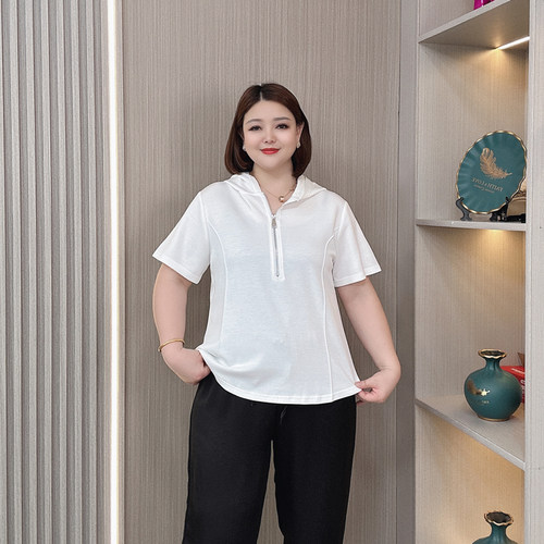 2026夏季大码连帽短袖T恤女显瘦