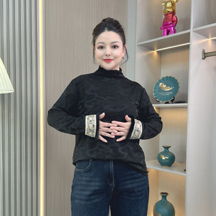 女秋冬国风刺绣加厚内搭上衣 半高领加绒保暖打底衫 大码 胖mm新中式