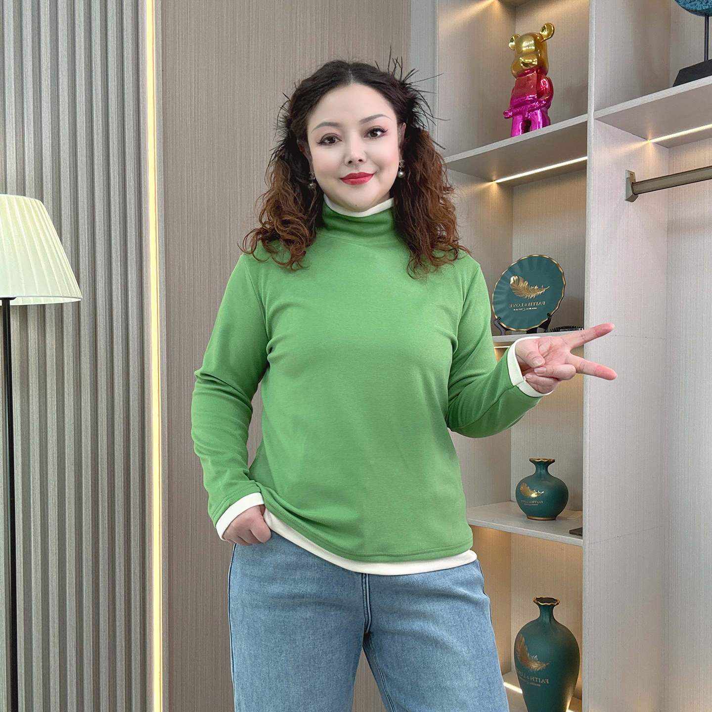 拼色假两件双面磨毛德绒打底衫