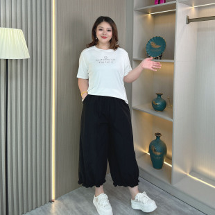 女装 胖mm宽松显瘦休闲阔腿直筒裤 木耳边九分灯笼裤 薄款 子 夏季 大码