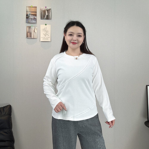 大码秋镂空拼接长袖T恤女打底衫