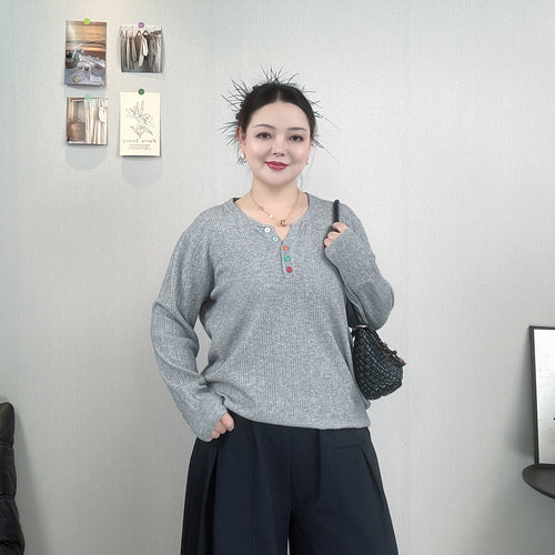 大码彩色纽扣小V领针织衫女毛衣