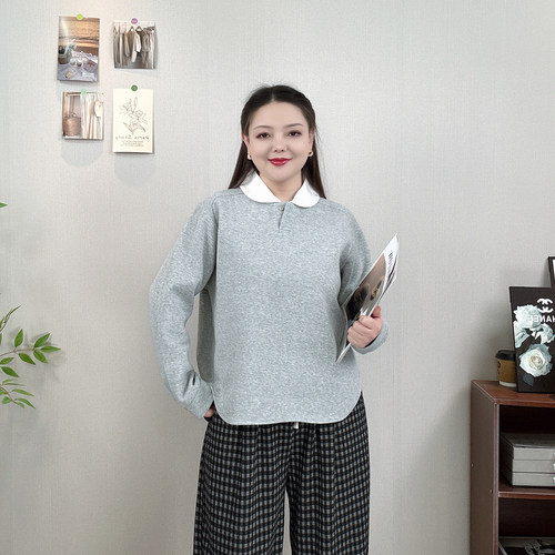 春秋翻领假两件长袖卫衣女打底衫