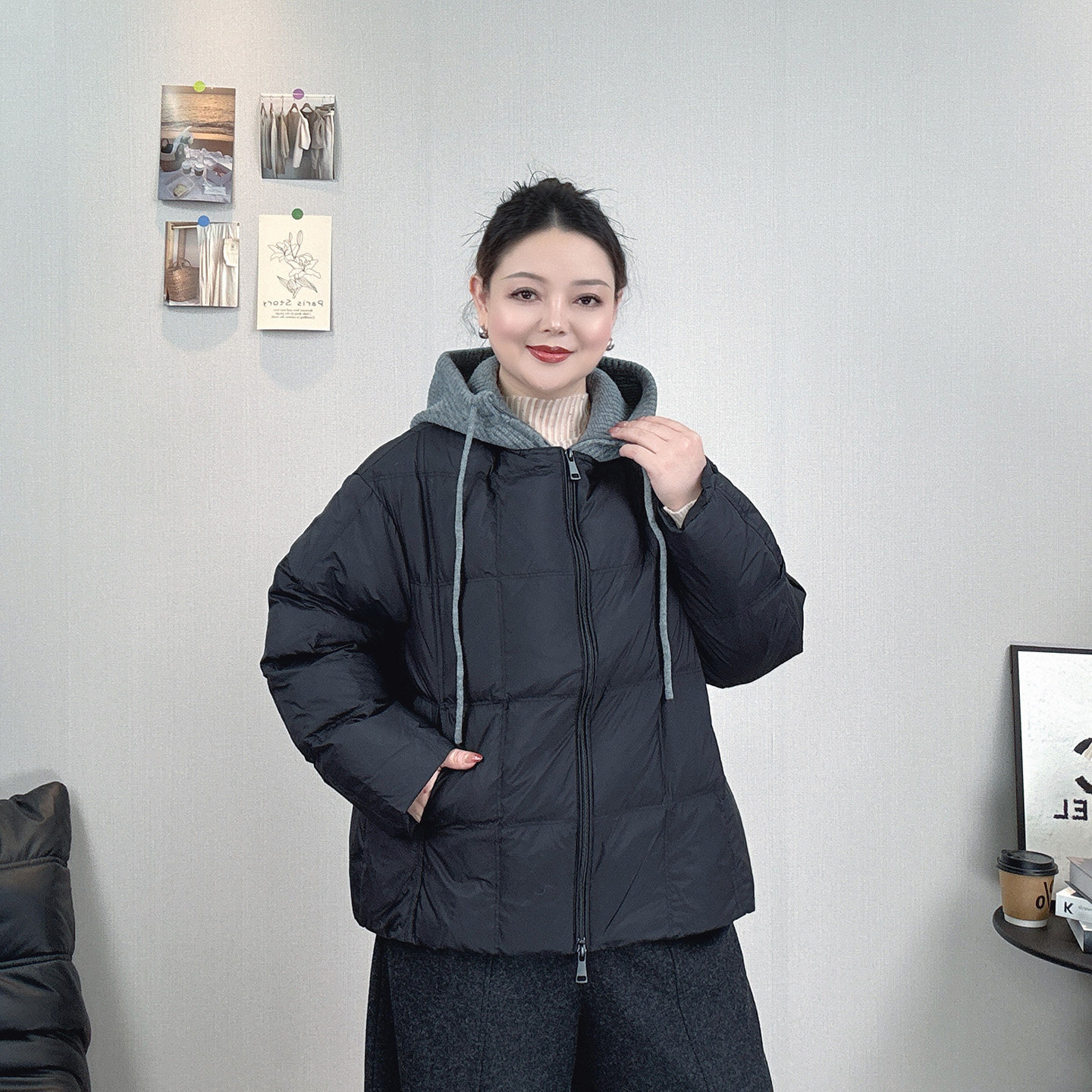假两件针织连帽拼接保暖羽绒服女大码冬季新款宽松白鸭绒加厚外套