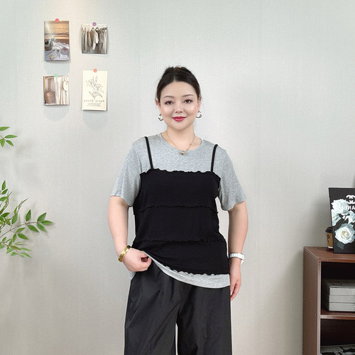 假两件短袖上衣女大码木耳边T恤