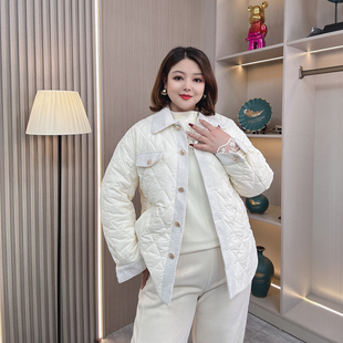 高级感休闲外套 菱形格翻领大码 小香风轻薄冬季 羽绒棉服女胖mm时尚