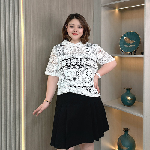 大码女装夏新款蕾丝镂空连帽T恤
