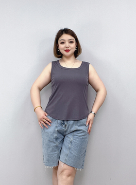 大码女装灰色吊带背心女夏胖mm内搭方领冰丝打底纯棉针织无袖上衣