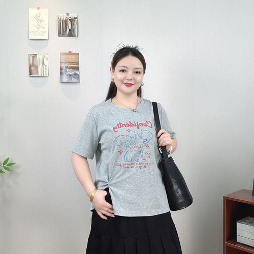 大码夏季印花短袖T恤女开叉上衣