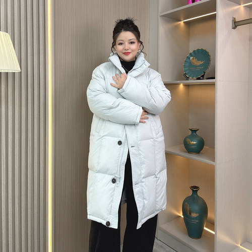 大码胖妹妹中长过膝白鸭绒羽绒服