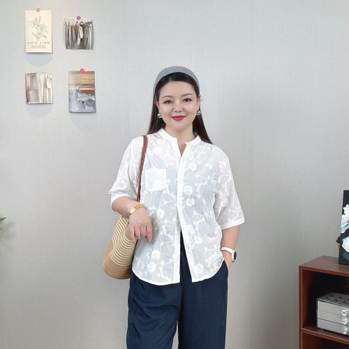 纯棉刺绣七分袖衬衫女大码薄开衫