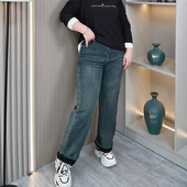 秋冬直筒加绒牛仔裤 子 胖mm高腰宽松显瘦休闲阔腿裤 女2025大码 女装