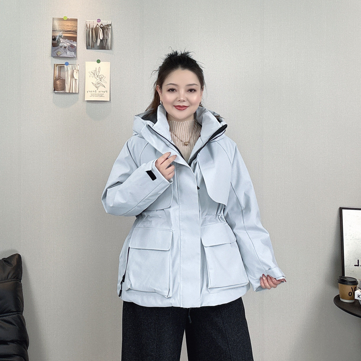 冬季新款工装风派克羽绒服女大码连帽宽松收腰显瘦口袋白鸭绒外套