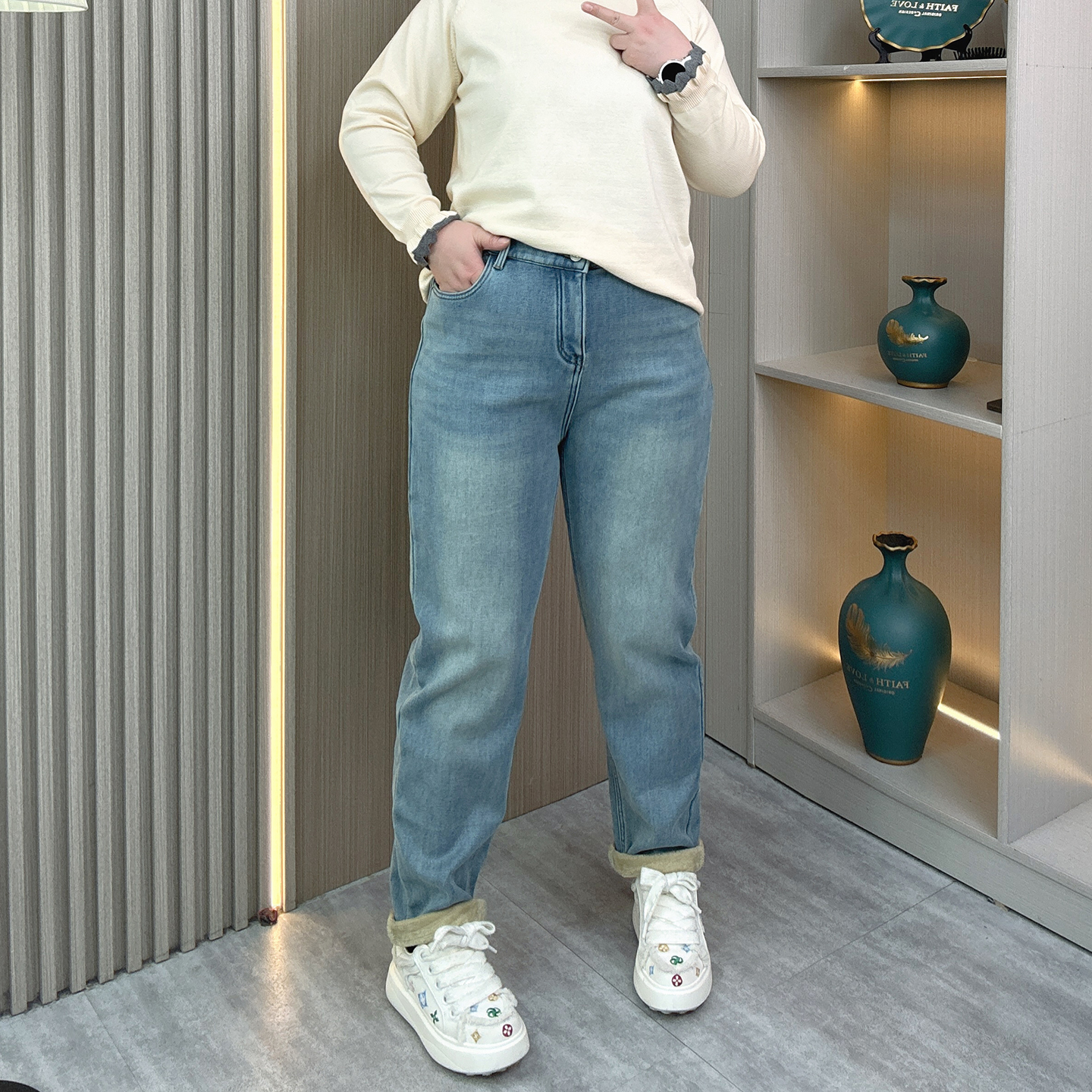 大码女装秋冬加绒加厚保暖牛仔裤