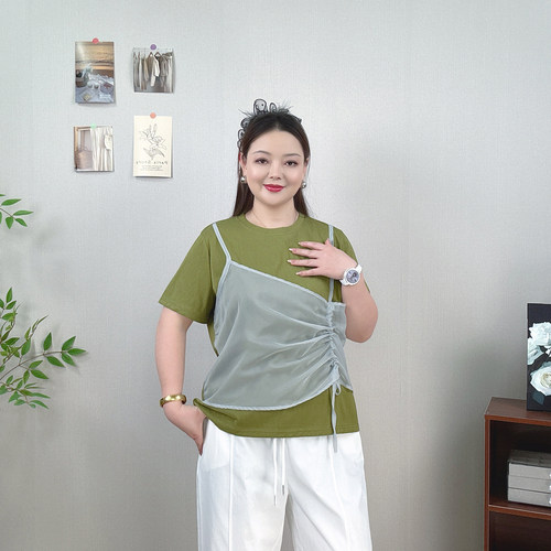 大码夏装假两件欧根纱短袖T恤女