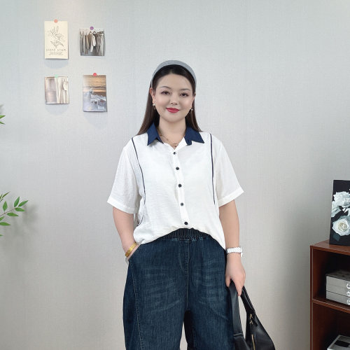 大码女夏装撞色小翻领短袖衬衫女