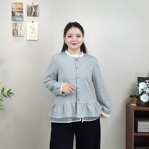 大码女装假两件木耳边长袖衬衫女