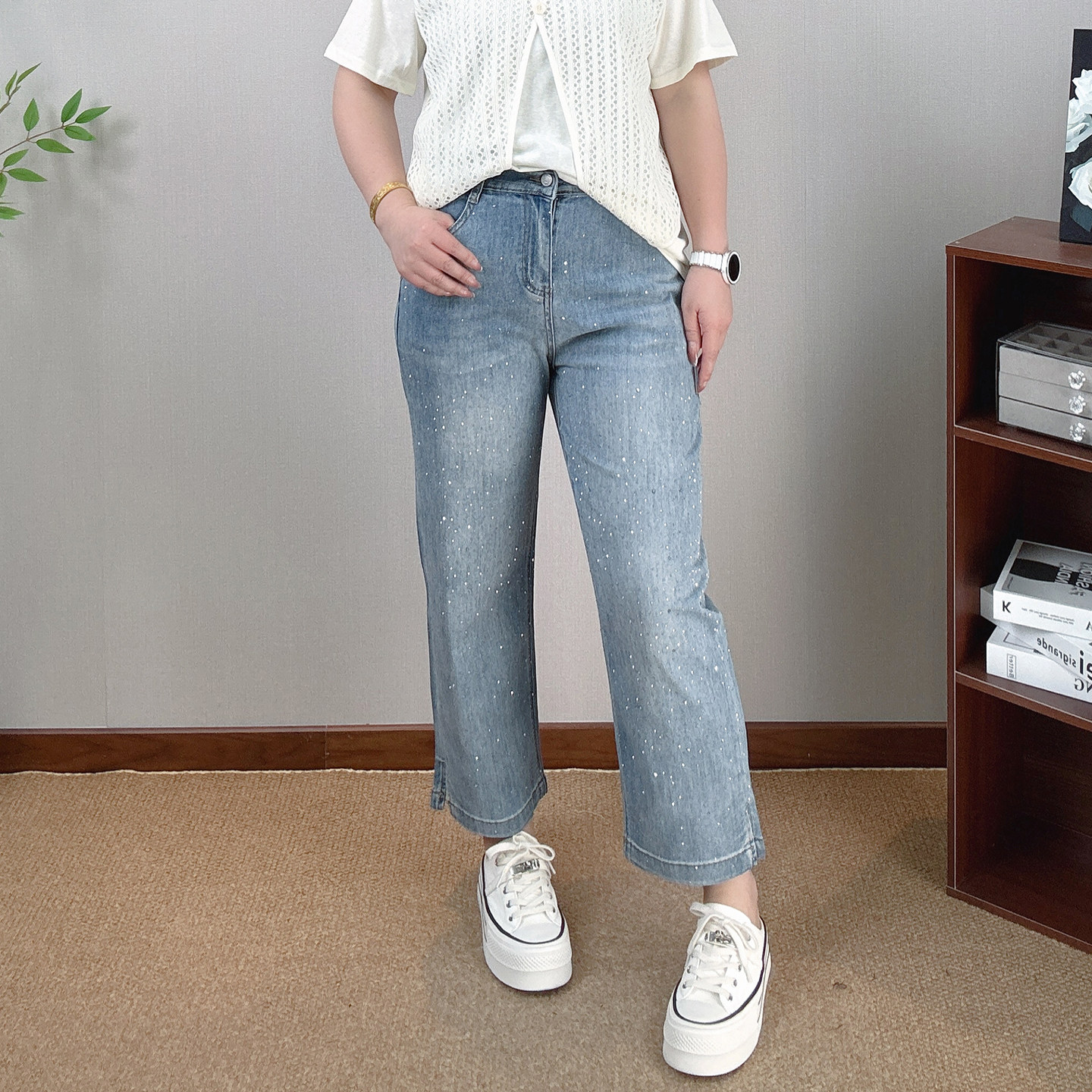 烫钻阔腿牛仔裤女大码休闲九分裤图片