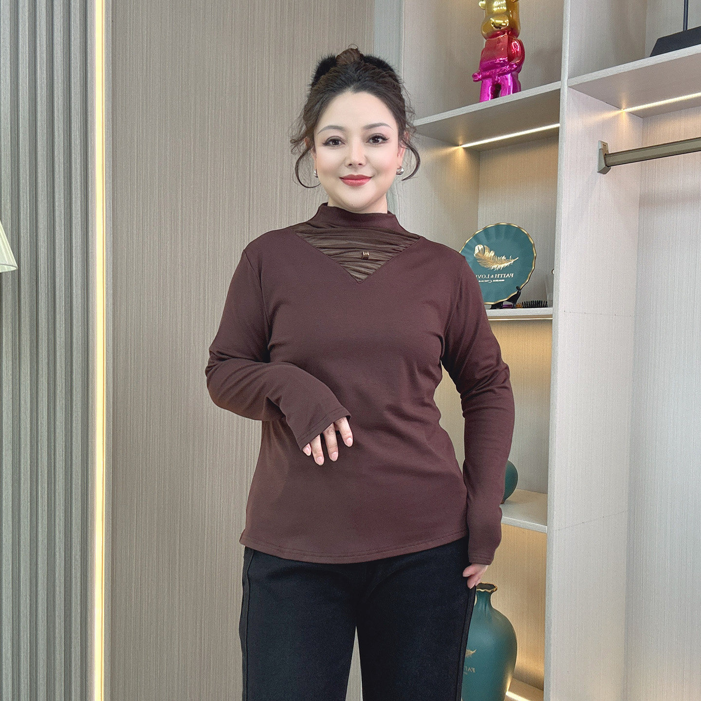 高级感网纱拼接磨毛保暖内搭上衣