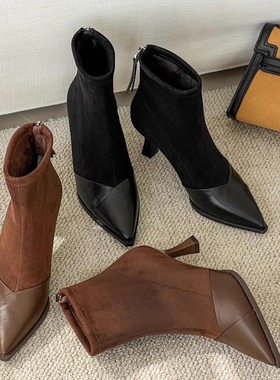 法式后拉链棕色时尚女靴细跟尖头气质名媛冬季百搭舒适靴子75190