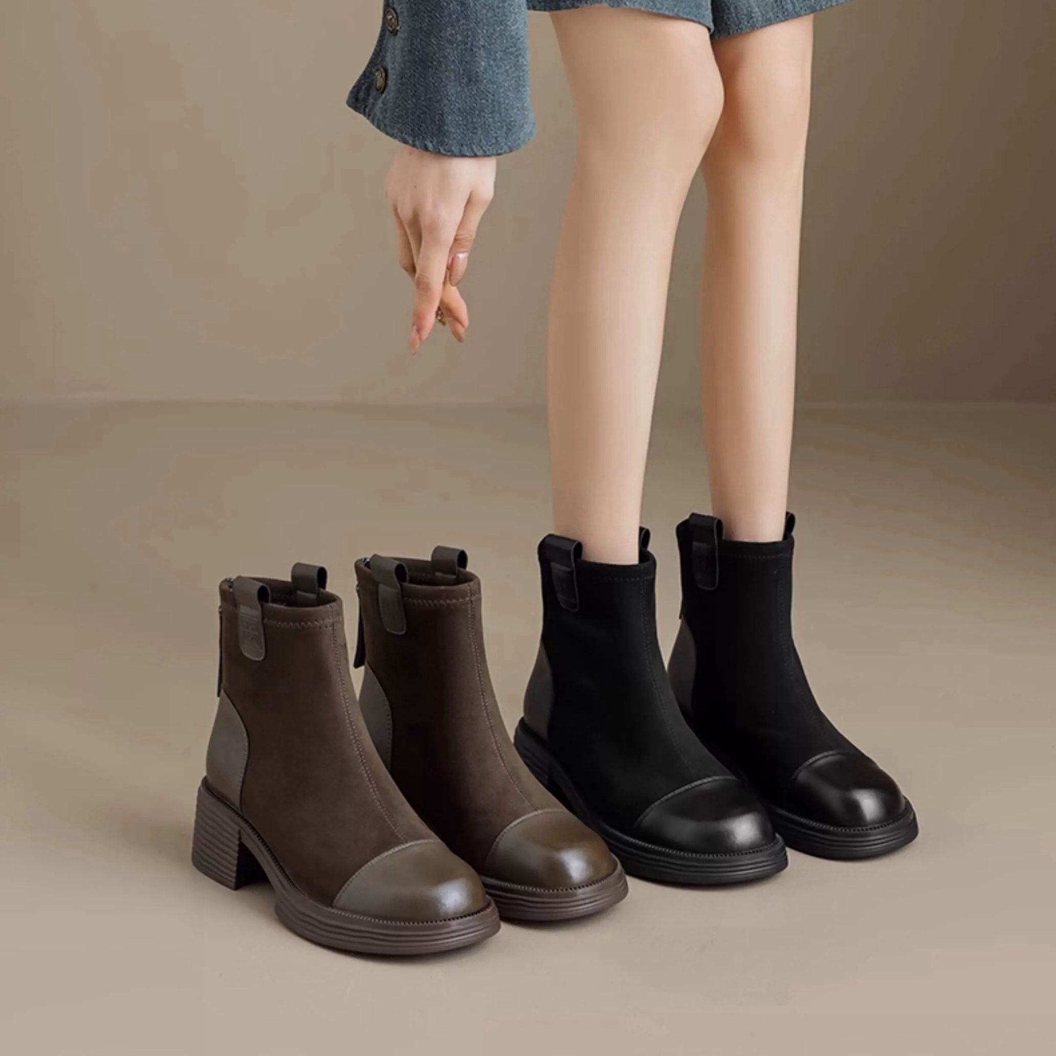 新款绒面拼接粗跟圆头弹力瘦瘦靴保暖百搭时尚英伦风短靴21181,女鞋,时装靴,淘宝优惠券,粉丝福利购,淘宝优惠卷