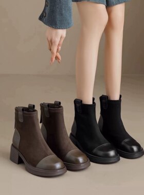 新款绒面拼接粗跟圆头弹力瘦瘦靴保暖百搭时尚英伦风短靴21181