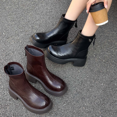 后拉链舒适韩版圆头粗跟短靴女冬季中跟百搭厚底瘦瘦靴2339