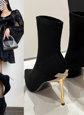 新款韩版气质尖头高跟短靴女冬季黑色显瘦瘦瘦靴细跟靴M85151
